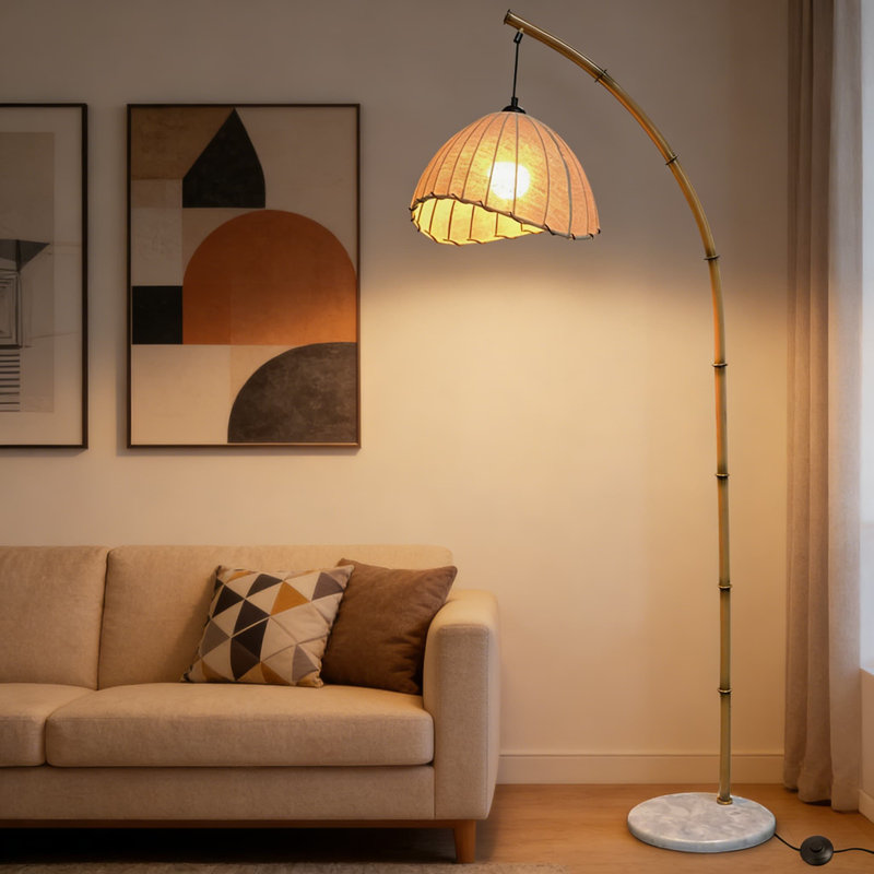 Lampe sur pied bohémienne à arc avec température de couleur réglable, design en rotin fabriqué à la main et base en marbre pour le salon et la chambre à coucher