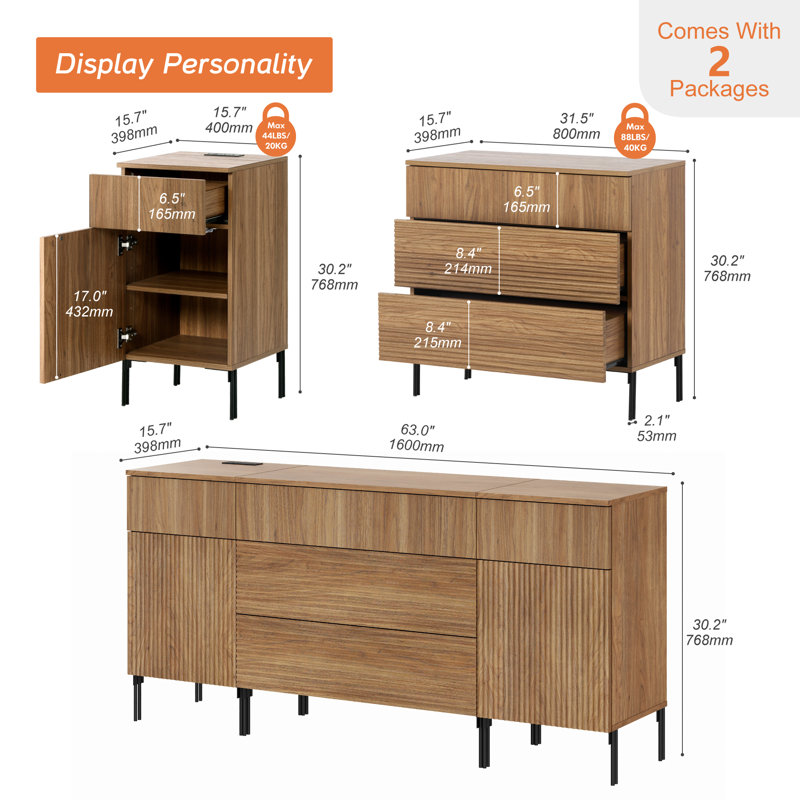 Commode 63 po à 5 tiroirs en bois avec design Reeded 63 po., Noyer