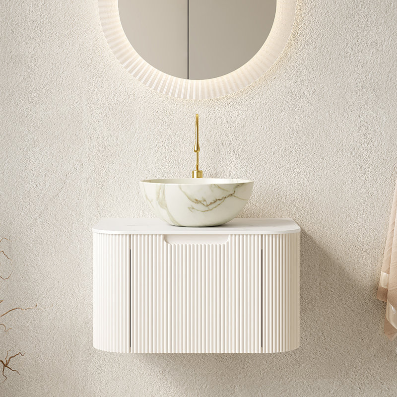 DINA 24" Bathroom Vanity&Sink, Floating Curved Edges Striped Storage Cabinet with Drawer, Matte Stone White Bowl Ceramic Basin&Carrara White Sintered Stone Top, Pre-assembled, White Color 