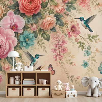 Papier peint adhésif pelez et collez, décorations florales élégantes, pivoines, orchidées, colibris, papillons, peintures murales, H 69 po x l 96 po, papier peint amovible en PVC, adhésif pour bureau de chambre à coucher