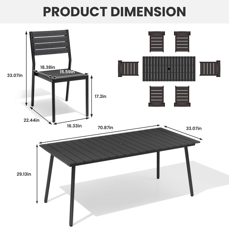 6-Person Aluminum Outdoor Dining Set With Umbrella Hole And Stackable Chairs, Black
