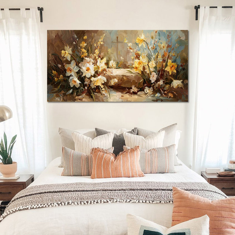 Art mural sur toile de Pâques Timuba - fleurs de Pâques, décoration murale, œuvre d'art chrétienne avec tombeau vide pour la décoration intérieure, cadre tendu avec châssis, 12 po x 24 po