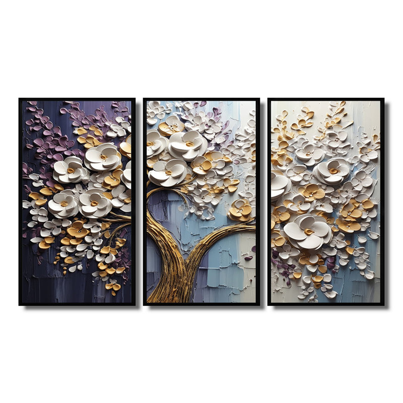 Arbre en fleurs avec fleurs blanches II - ensemble d'art mural arbre floral, Cadre flottant noir, H 40 po x l 60 po x P 1 po
