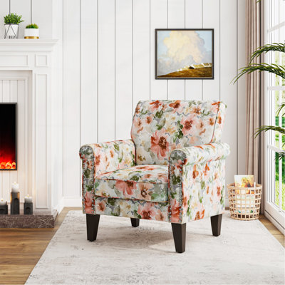 Chaise d'appoint à motif floral bleu pastel et gris avec pieds en bois massif