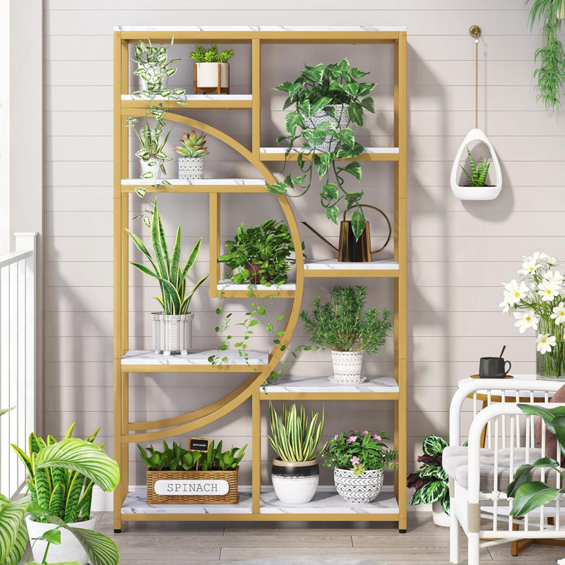 Bookshelf Industrial 5 Tier Etagere Bookcase With 9-Open Storage Shelf For Living Room, Bedroom, White/Gold