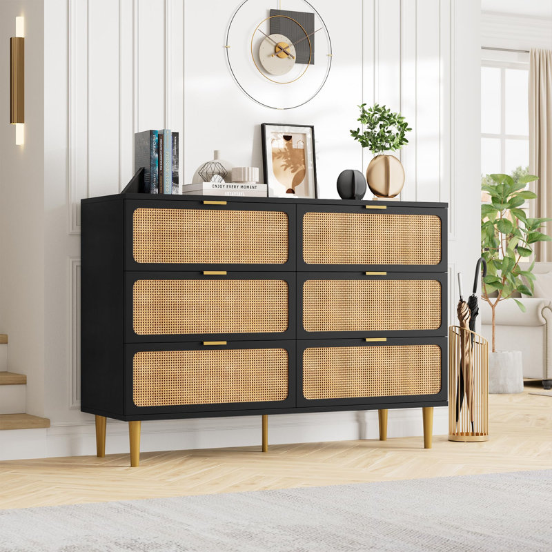 Rattan 6 Drawer Dressers for Bedroom, Large Double Dresser with Deep Drawers, Chest of Drawers for Closet with Wide Top