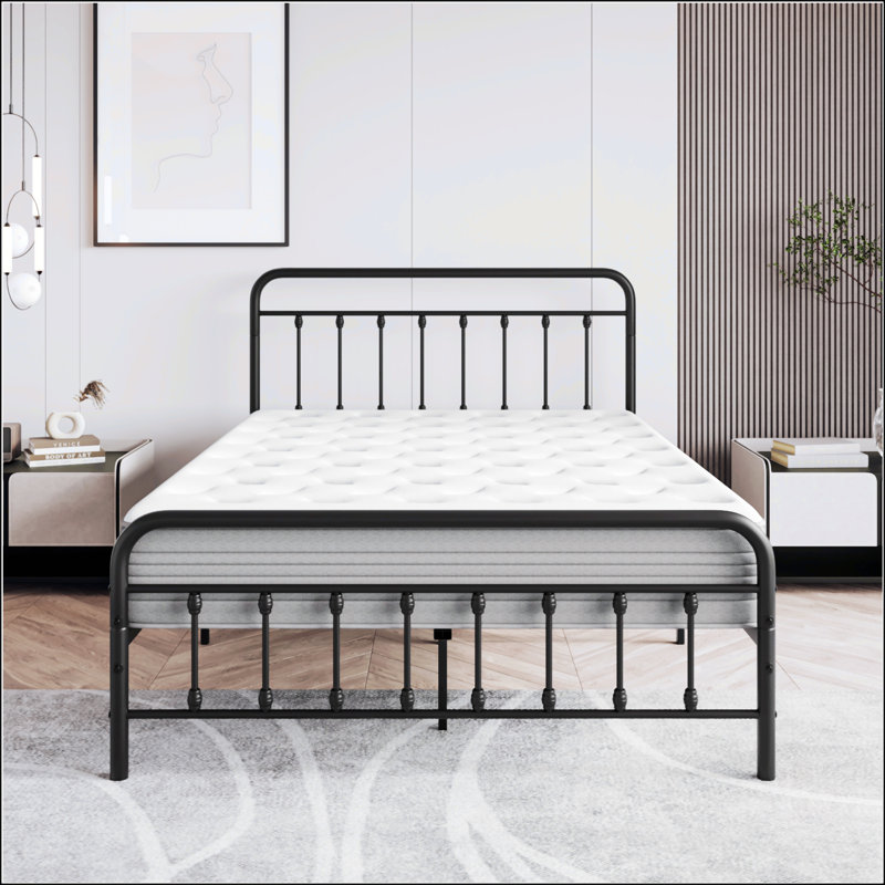 Metal Platform Bed Frame With Headboard And Footboard,Center Support Legs, Black, Full / Double