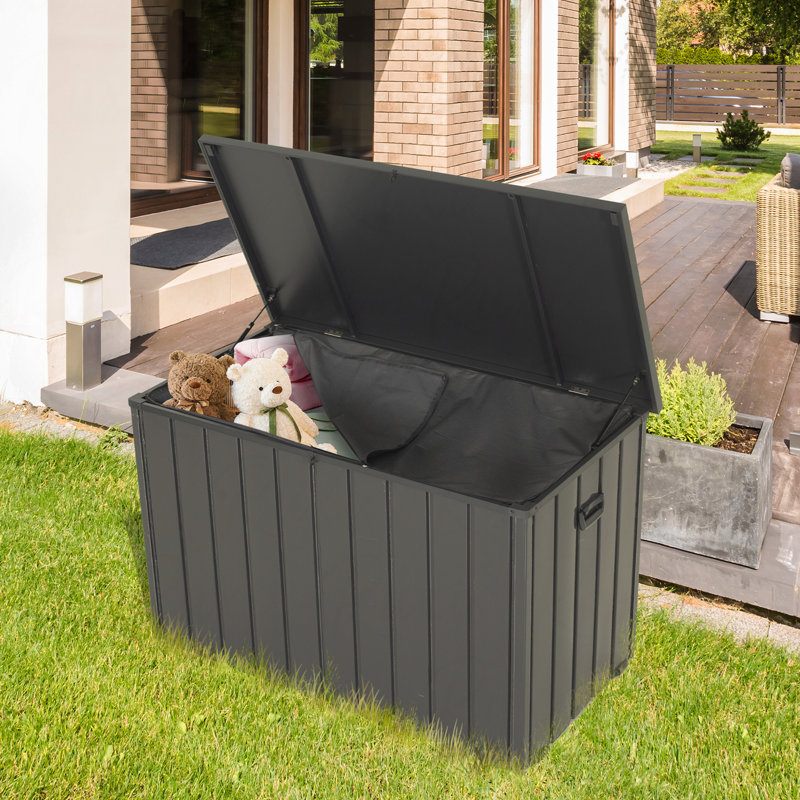 Boîte de rangement extérieure, boîte de rangement en métal, sac de rangement intégré en tissu Oxford, boîte de rangement extérieure verrouillable et imperméable pour coussins, coussins, outils, flotteurs de piscine - gris