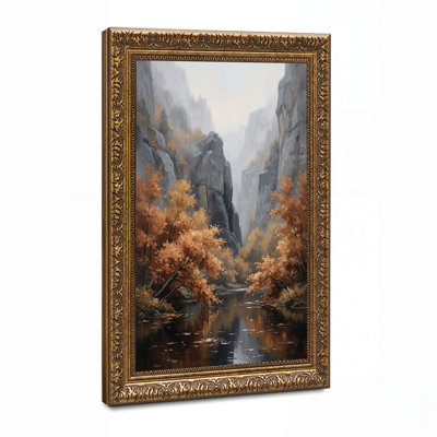 Arbres d'automne se reflétant dans une rivière de canyon brumeux - Tableau sur toile