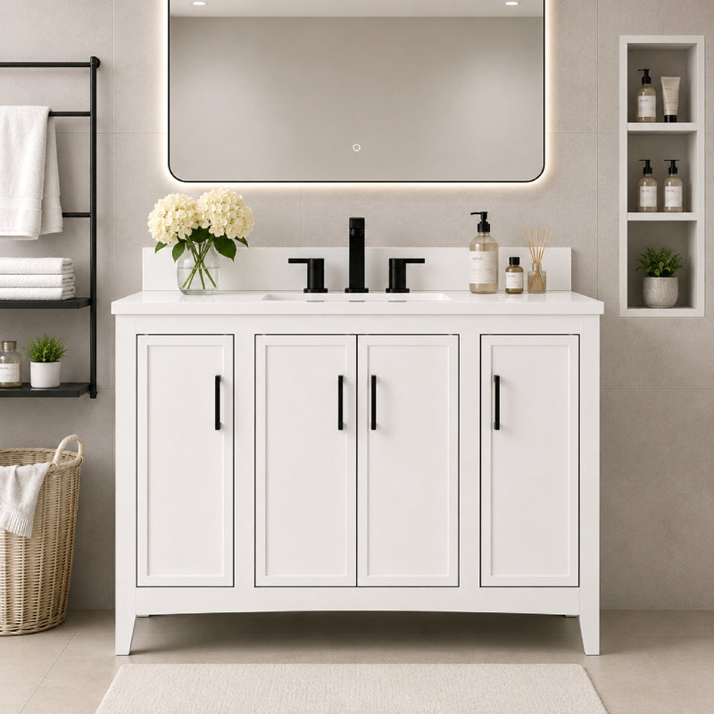 Meuble-lavabo pliable 48 po avec cadre en bois massif, à verrouillage rapide, White