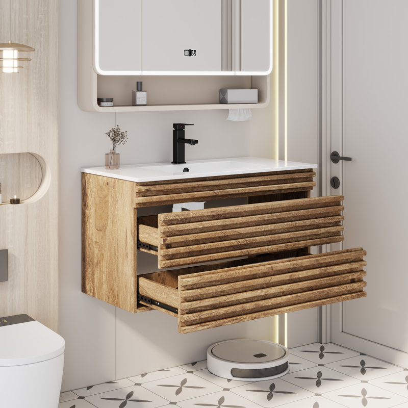  Ensemble de meuble-lavabo simple mural 36 po avec lavabo et robinet 36 po, Chêne