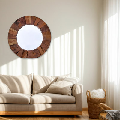 Miroir mural rond en bois de teck naturel, cadre côtier rustique pour le salon, la chambre et le bureau à domicile - 32 po - brun et brun clair