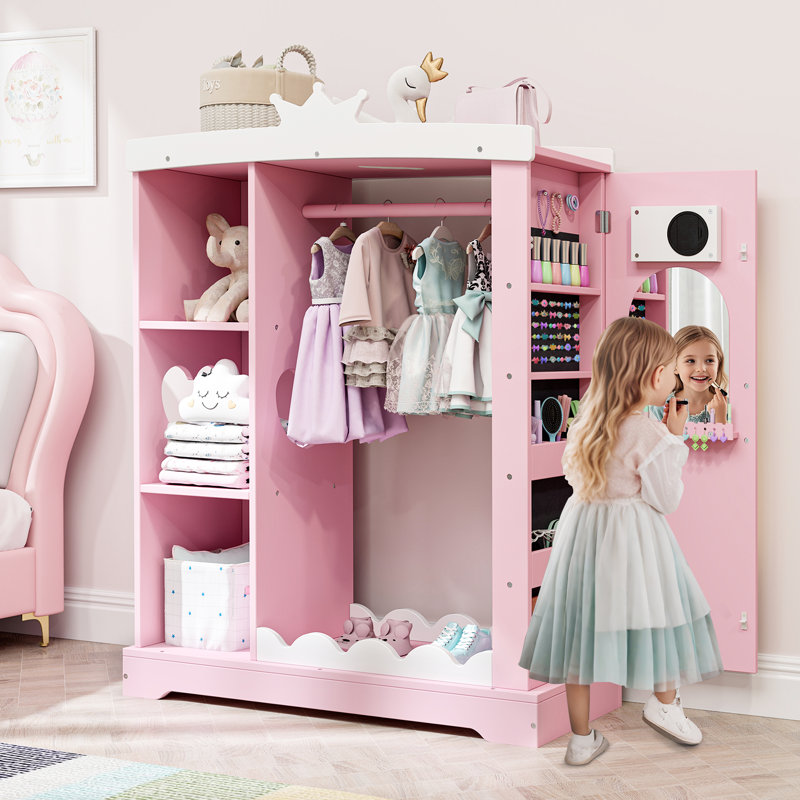 Kids Armoire with Jewelry Cabinet, Dress up Storage with Mirror and Shelves, Pink/White