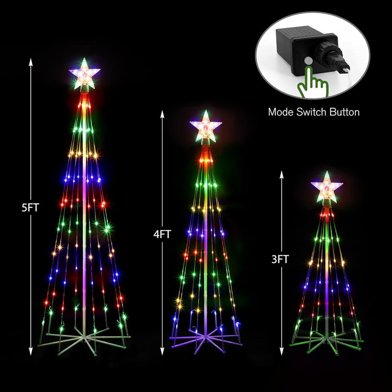 Set of Three (0.9M/1.2M/1.5M) Four-color Plug-in Conical Tree Lights without Remote Control