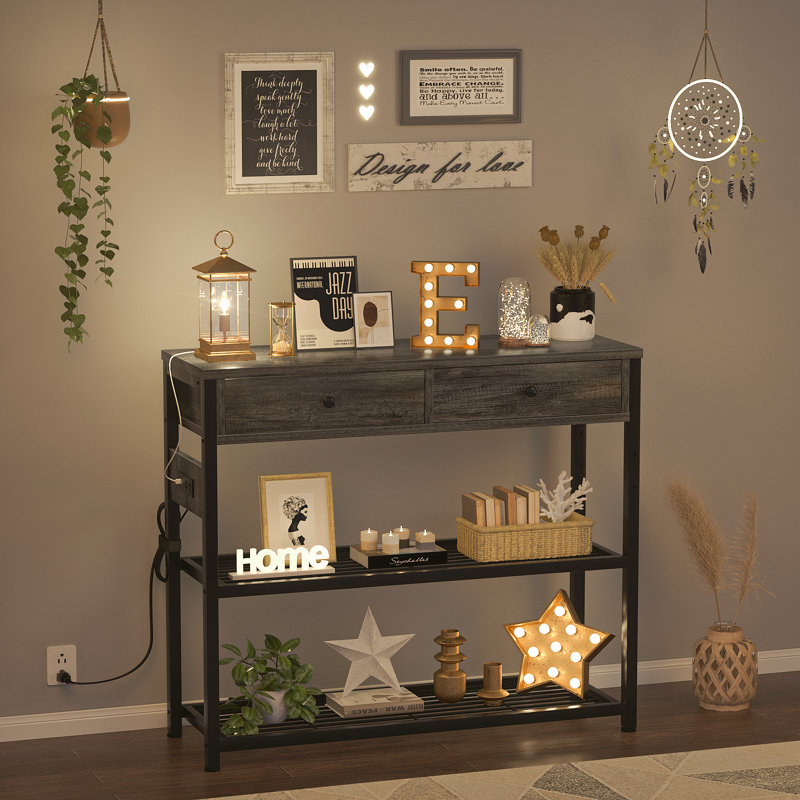 Console 32 po en bois avec 2 tiroirs, prises et ports USB, Gris