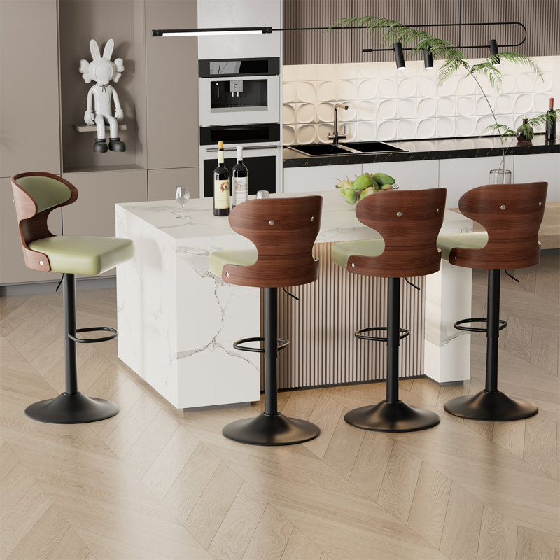 Bar Stools Set of 2 Seat Adjustable Height 62.2-85.1cm Bentwood Swivel Barstools with Back & Footrest - PU Leather Upholstered Bar Chair for Bar, Kitchen, Dining Room