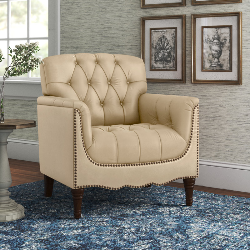 Annja 32" W Tufted Leather Armchair, Beige Pebbled Genuine Leather