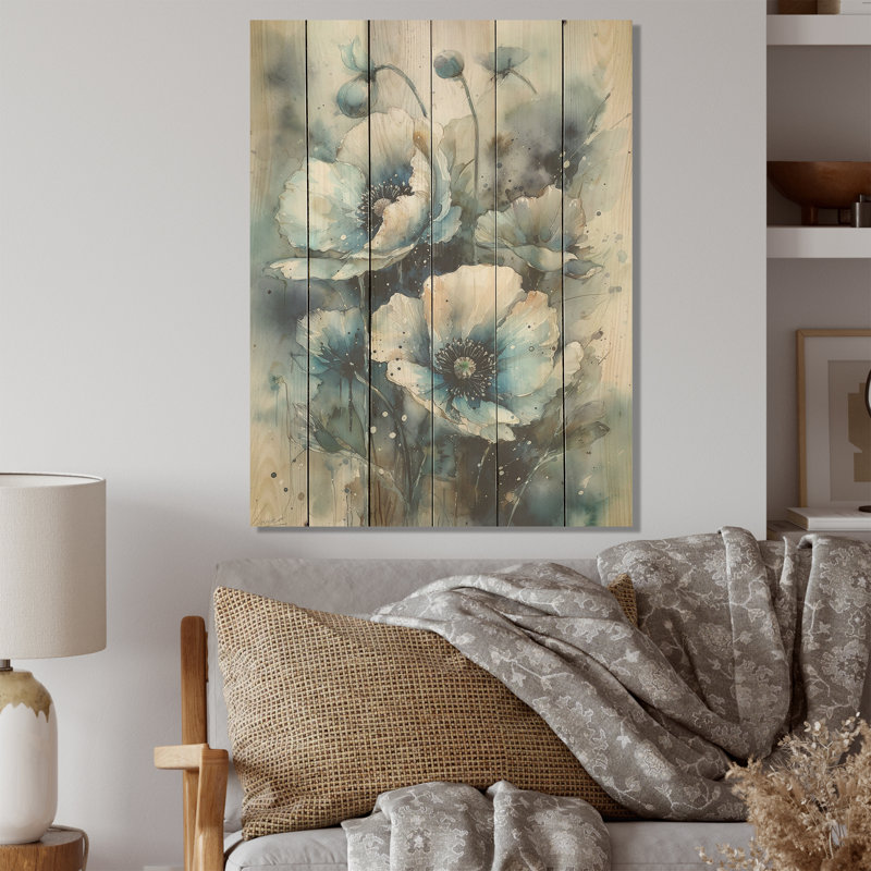 Bouquet de coquelicots bleus et blancs - sérénade - panneau de bois coquelicot sur bois de pin naturel, H 32 po x l 24 po