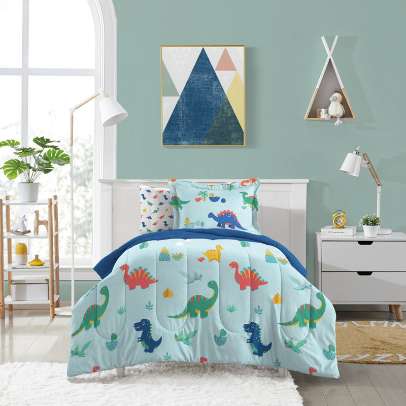 Lit dans un sac Dream Dino Sweet Blue, Édredon simple + 2 draps + 1 taie d'oreiller