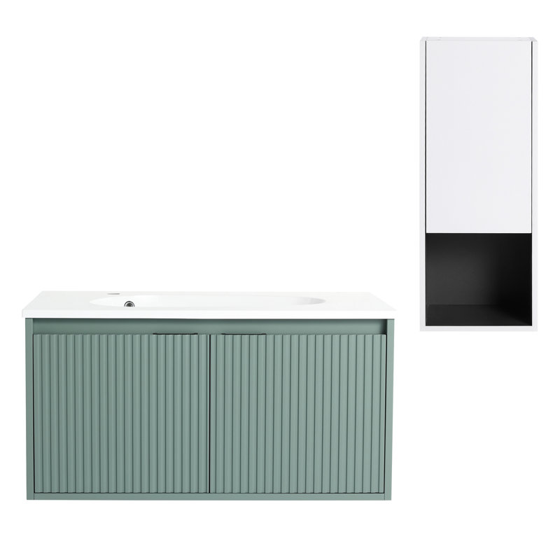 Armoire de salle de bain moderne 36 po avec lavabo en résine et compartiment latéral / blanc, fermeture en douceur, évier en contreplaqué