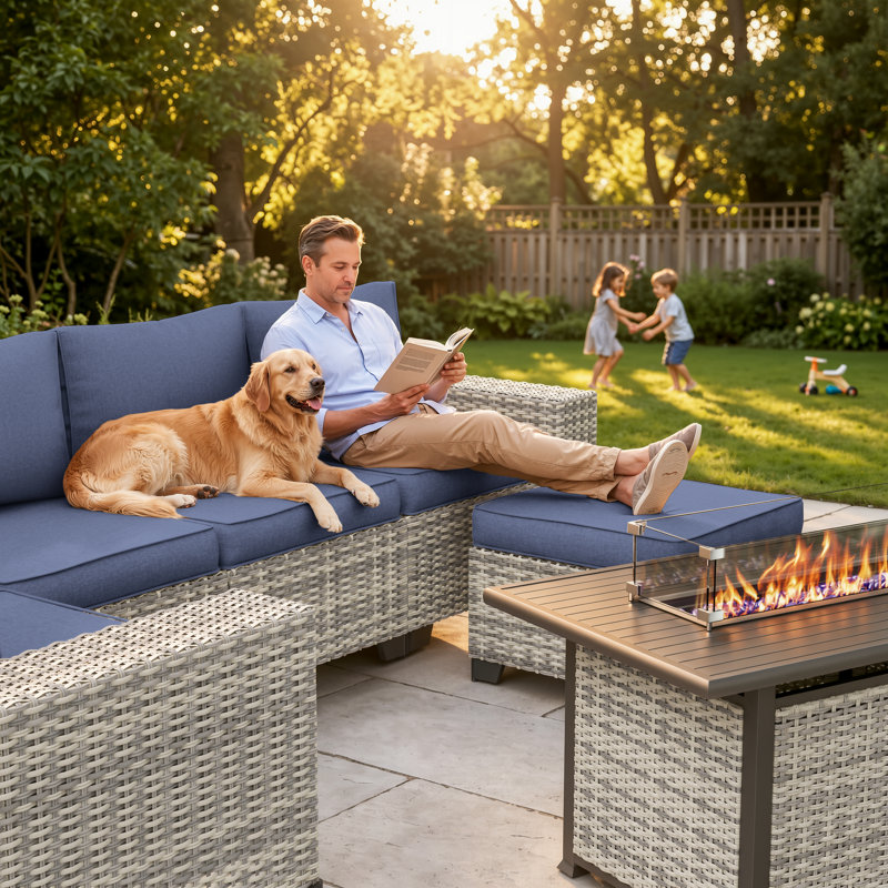12-Piece Outdoor Modular Sectional Patio Conversation Set With Fire Pit Table, Swivel Rocker Chairs & Ottomans, Navy Blue