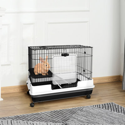 2-Level Small Animal Cage With Wheels - Black. Suitable For , Chinchillas, Ferret. Easy To Clean Removable Tray. Metal, Spacious Interior Platform And Slip Ramp Black On Wheels. Ideal Rabbits, Tray