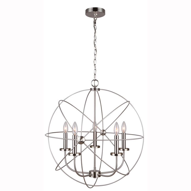5 - Light Dimmable Globe Chandelier, Brushed Nickel