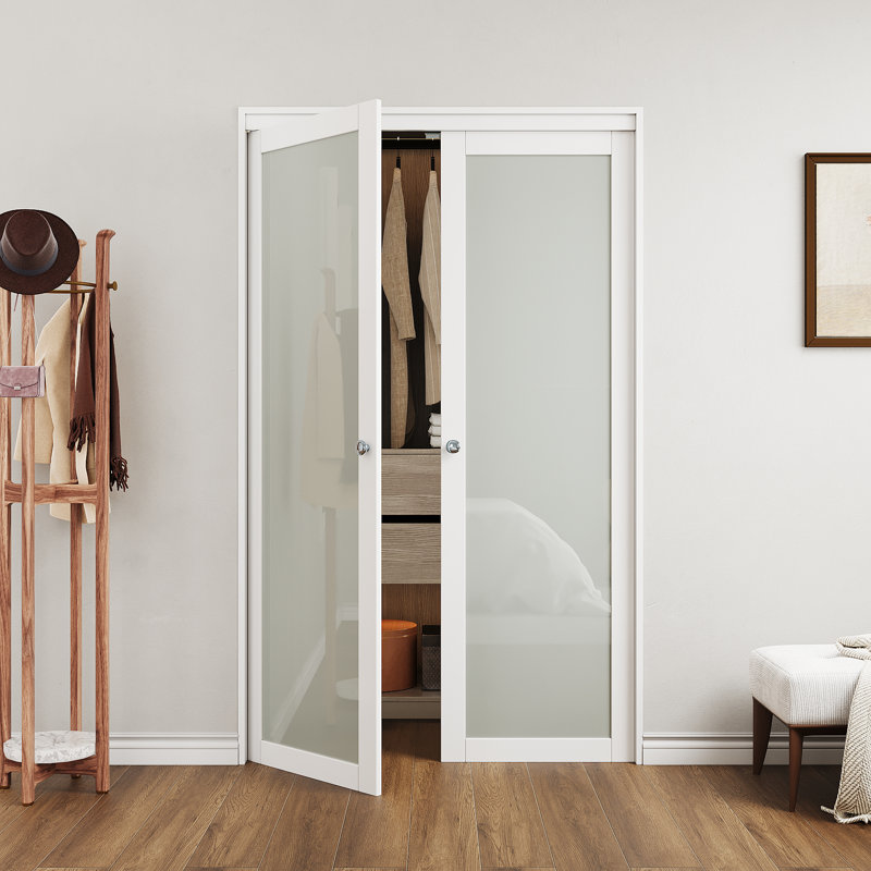  Porte française pivotante en bois massif 48 "x 80" à 1 verre givré avec quincaillerie d'installation (idéal pour placard, garde-manger, buanderie, salle de bain)