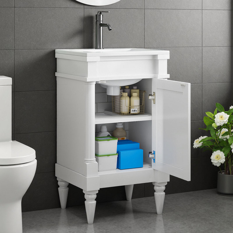 Meuble-lavabo rétro 18 po avec lavabo en céramique - Armoire de rangement compacte pour les petites salles de bain, Blanc