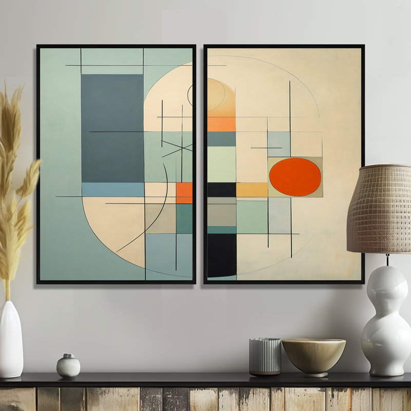 «Serendipity Abstract Mid-Century Geometrics II», art mural moderne bleu, H 36 po x l 48 po, Impression encadrée flottante