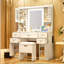 Meuble-lavabo blanc 41,4 po avec éclairage réglable, 5 tiroirs, 4 armoires, station de charge, tabouret rembourré et extérieur rétro - configuration idéale pour une chambre à coucher