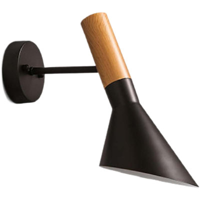 1-Light Black and Wood Finish Wall Sconce with Black Slanted Cone Shade