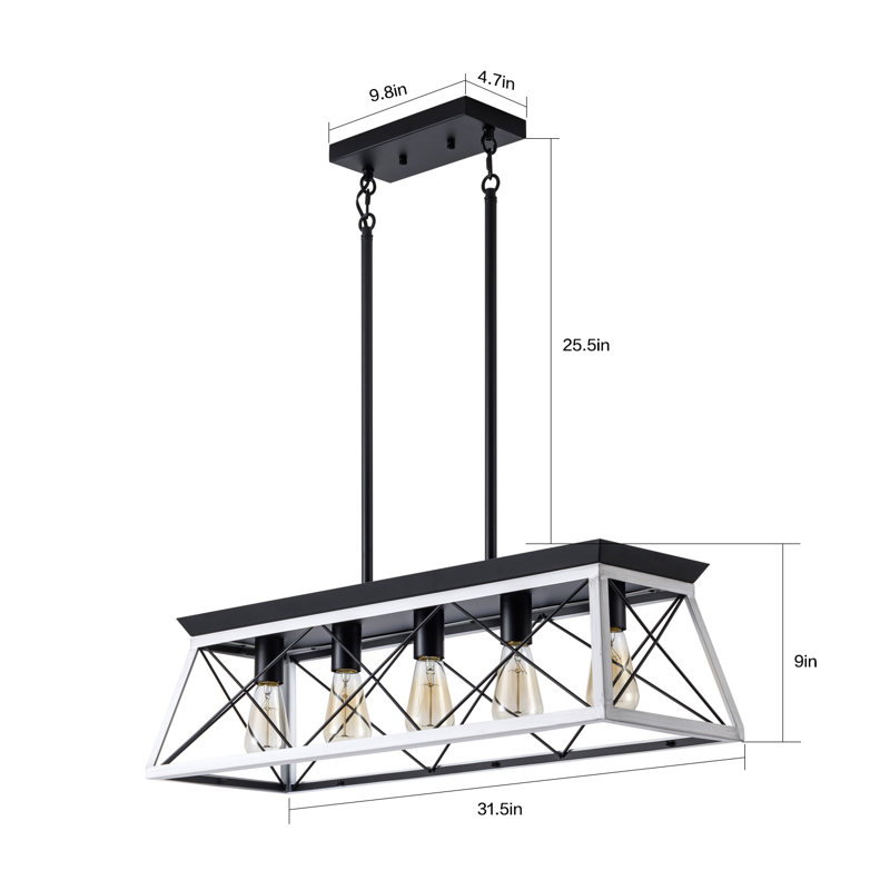 Lustre suspendu industriel à 5 lumières avec hauteur réglable, conception de cage en métal, Blanc/Noir