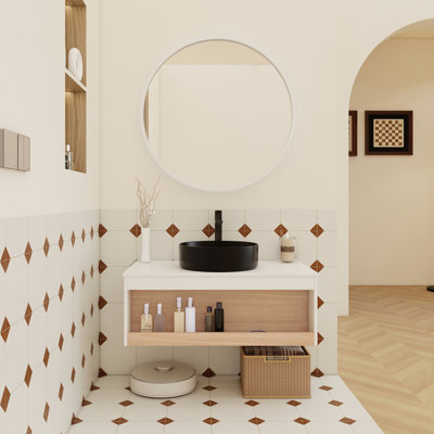 Meuble-lavabo flottant avec lavabo vasque rond blanc brillant, fixation murale avec tablette ouverte, conception moderne peu encombrante, comptoir durable, livré dans 2 boîtes