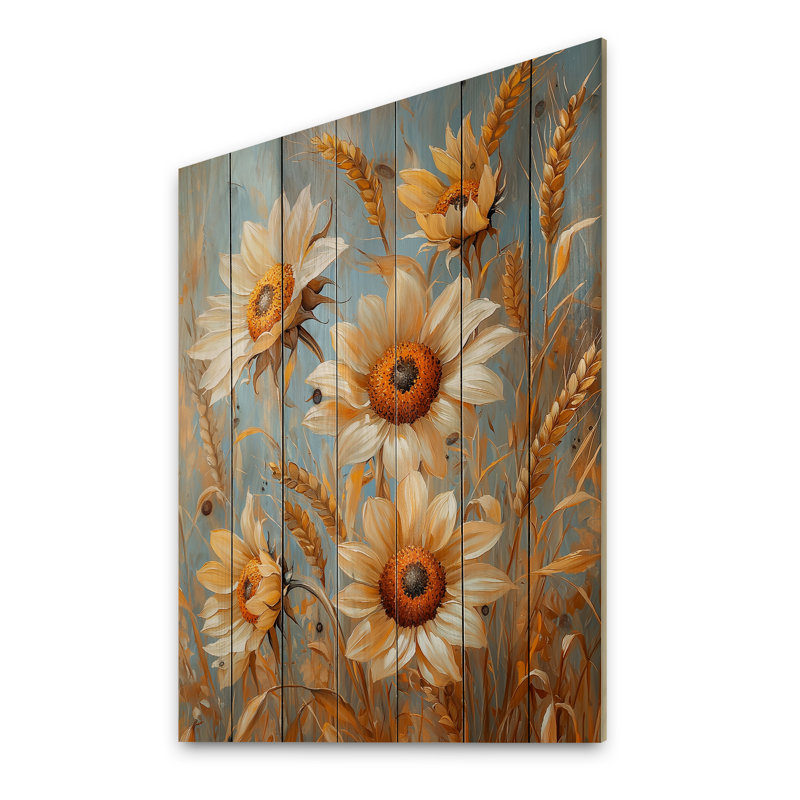 Sunflowers In The Wheat Barnyard IV - Sunflowers Wood Wall Art - On Natural Pine Wood, 20" H x 10" W x 0.78" D