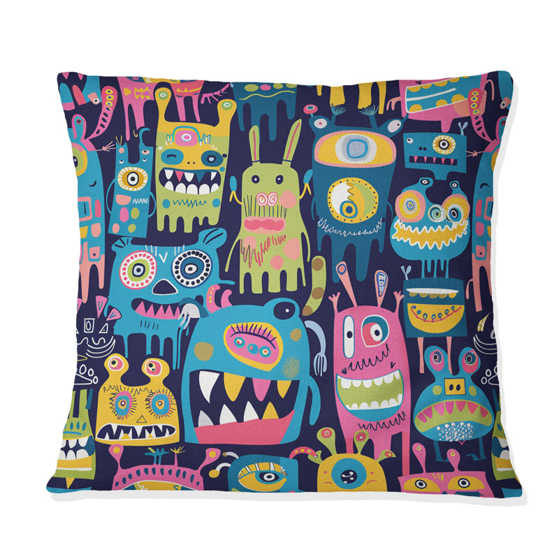 Childrens Friendly Monsters Pattern - Children Throw Pillow, 18"H x18"H, Blue/Green