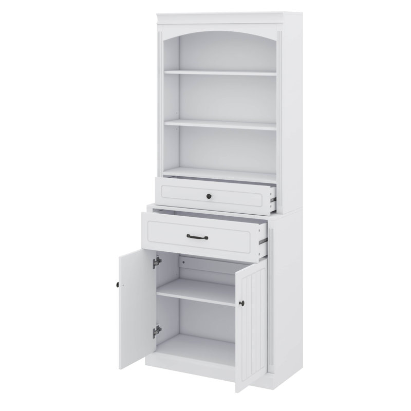 Armoire de rangement blanche pour salle de bain - Panneau de fibres à densité moyenne durable avec deux portes, tiroirs, tablette réglable et trois tablettes ouvertes