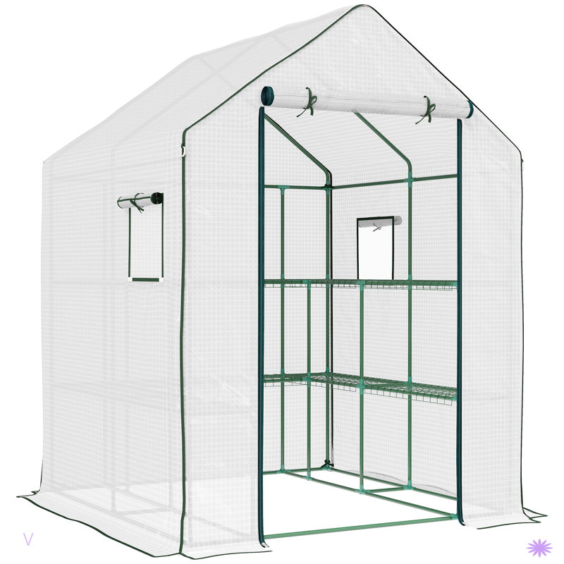 Portable Greenhouse, Water/UV Resistant Walk-In Small Outdoor Greenhouse With 2 Tier U-Shaped Flower Rack Shelves, Roll Up Door & Windows