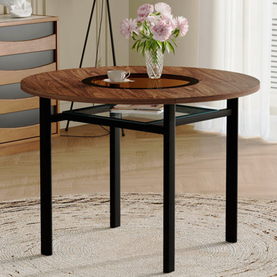 Table de salle à manger ronde moderne minimaliste de 42 po en grain de bois brun convenant à 4 à 6 personnes (incrustation de verre brun + support stable en métal, convient à de multiples cas de figure).