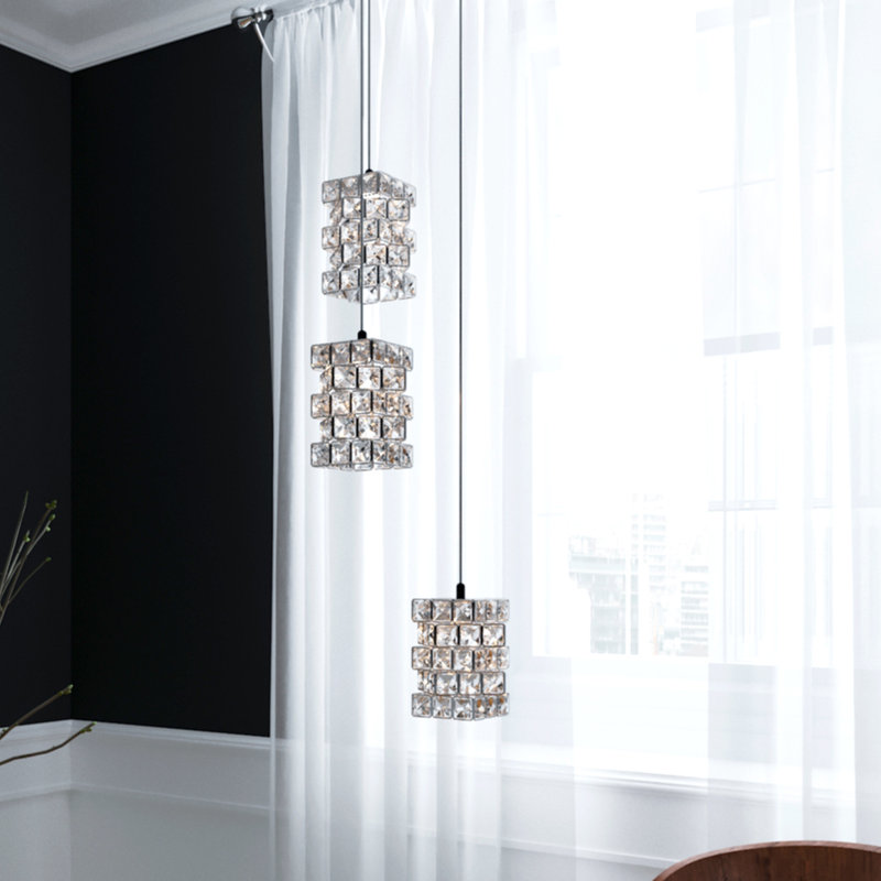 Luminaire suspendu carré à 3 lumières DEL avec accents de cristal Tidwell