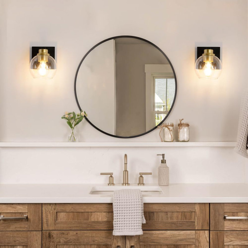 Modern Black And Gold Wall Sconces Set Of 2, Hardwired Bathroom Lighting With Clear Glass Shade, Versatile Wall Light For Bedroom, Mirror, Living Room, Hallway