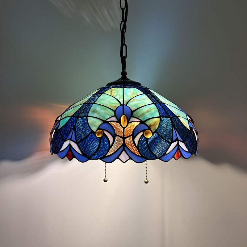 Luminaire suspendu Phippen Tiffany en verre coloré bleu avec ampoules à DEL incluses l 16 po x P 16 po x H 75 po