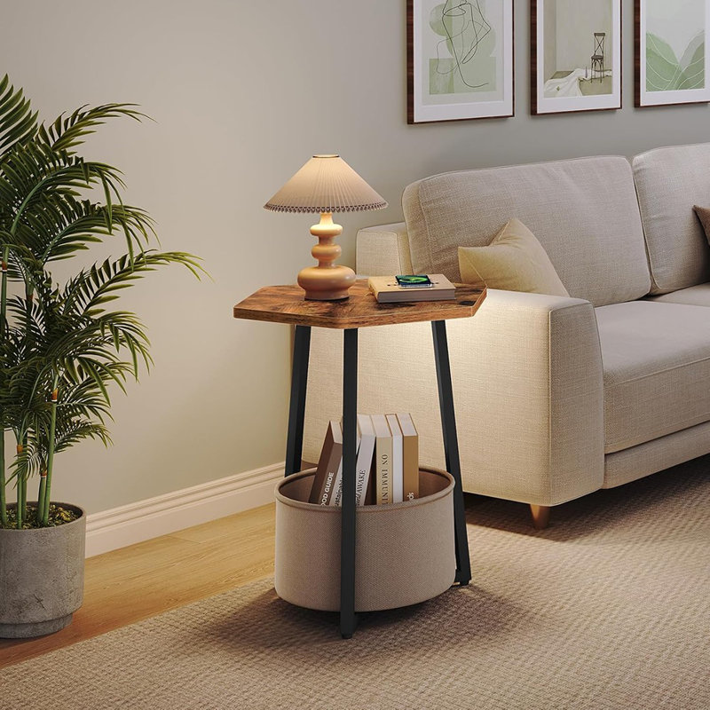 Petite table de bout rustique brune - Table d'appoint hexagonale avec panier de rangement pour chambre à coucher / salon