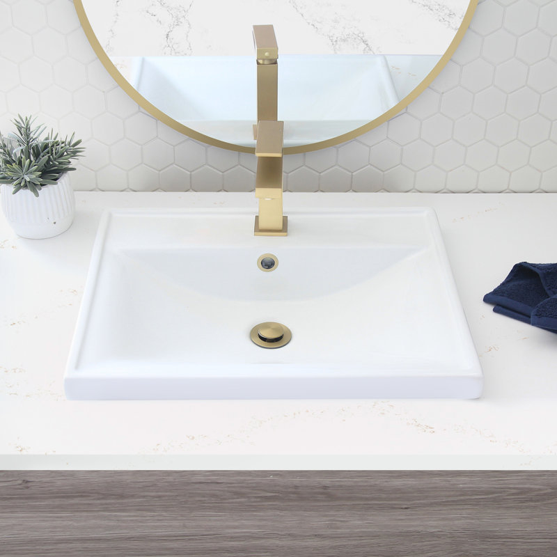 White Rectangular Ceramic Drop-In Bathroom Sink with Overflow