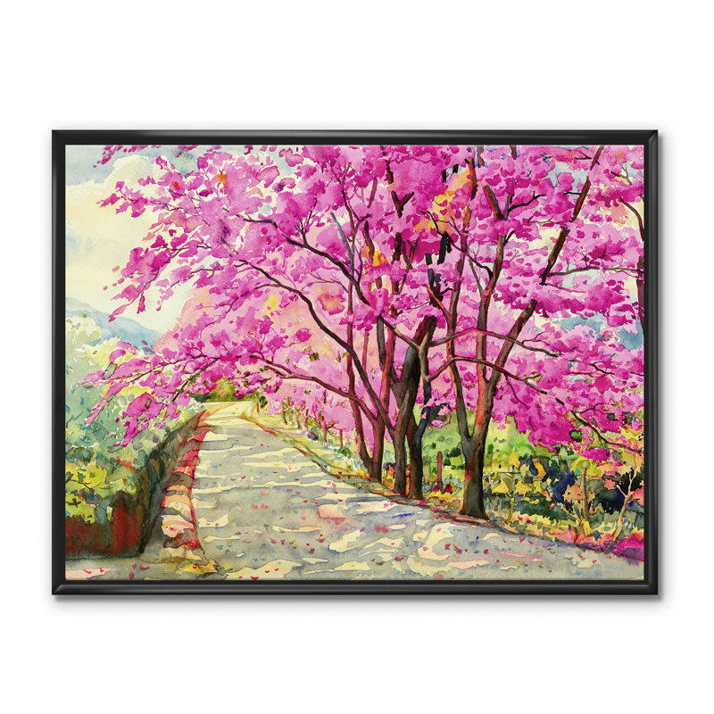 Fleur de cerisier, art mural sur toile, impression de paysage floral printanier - Cherry Blossom Lane, Toile avec cadre noir