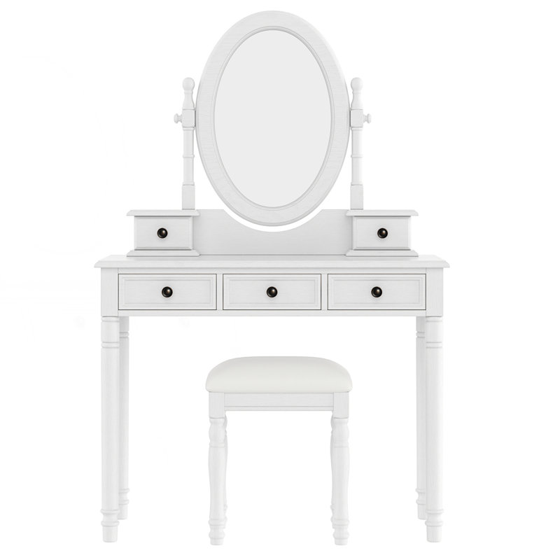 Ensemble de coiffeuse avec miroir à angle réglable, ensemble de coiffeuse et tabouret rembourré, Blanc