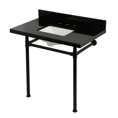 Évier console en granite noir KVPK36227K380 de 36 po avec pieds en acier inoxydable Kingston (8 pouces, 3 trous) Kingston