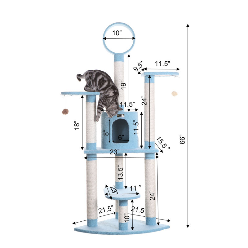 Sky Blue 65-Inch Faux Fleece and Sisal Cat Tree