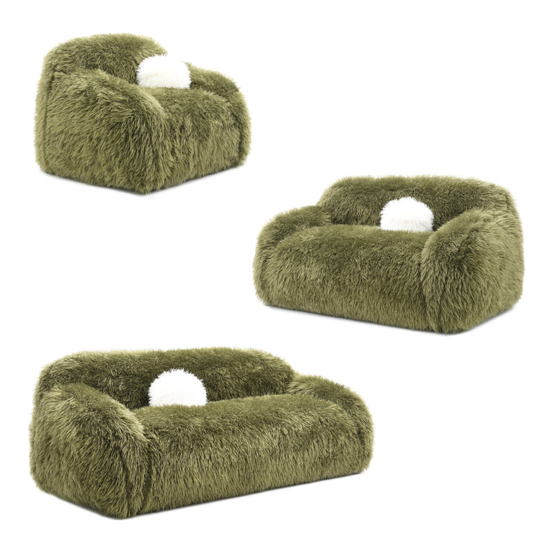 Ensemble de canapé 3 pièces en fausse fourrure Leann avec coussins décoratifs, 3 pièces: canapé, causeuse, fauteuil, Vert