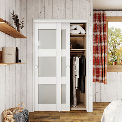 48" x 80" White Frosted Glasses Pantry Closet Sliding Doors With Hardware & Handles